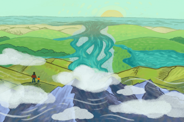 Illustration of people standing by a river, part of a public engagement campaign by Wonderlab