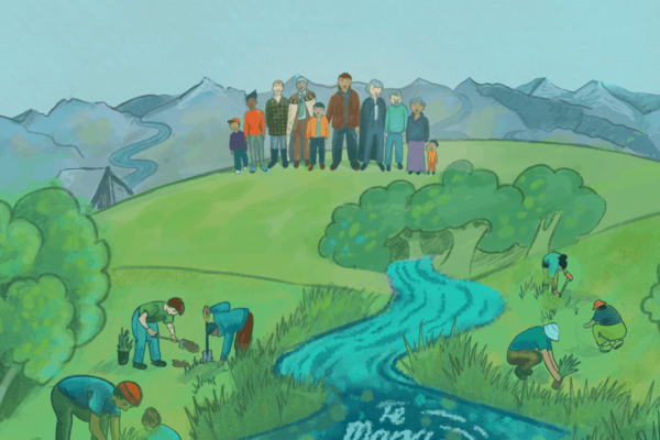 Illustration of people standing by a river, part of a public engagement campaign by Wonderlab