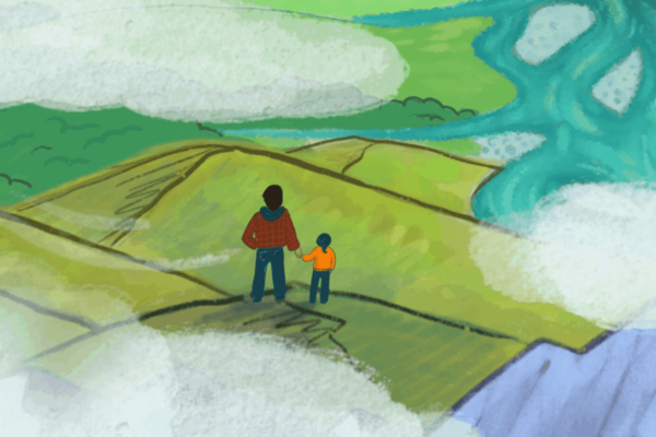 Illustration of people standing by a river, part of a public engagement campaign by Wonderlab