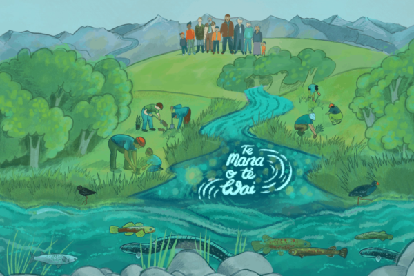 Illustration of people standing by a river, part of a public engagement campaign by Wonderlab