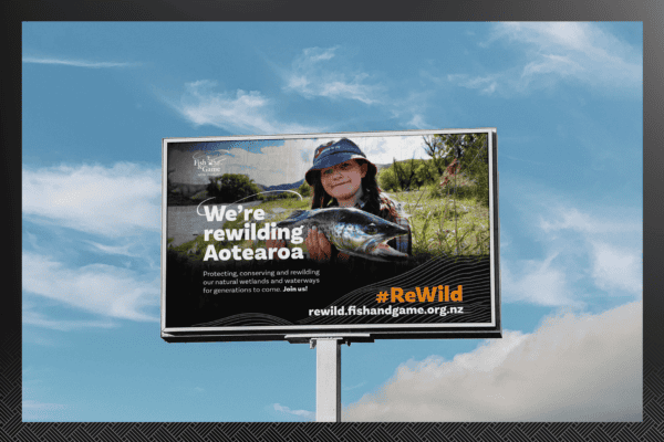 Billboard with a child holding a fish under the slogan "We're rewilding Aotearoa" promoting fish and game conservation with a website link and hashtag #ReWild.