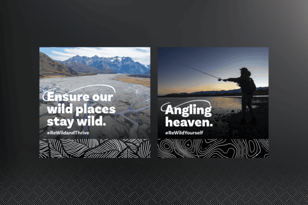 Two images promoting nature conservation: one of a mountainous landscape with the text "Ensure our wild places stay wild," and another of a person fishing at sunset with the text "Angling heaven.