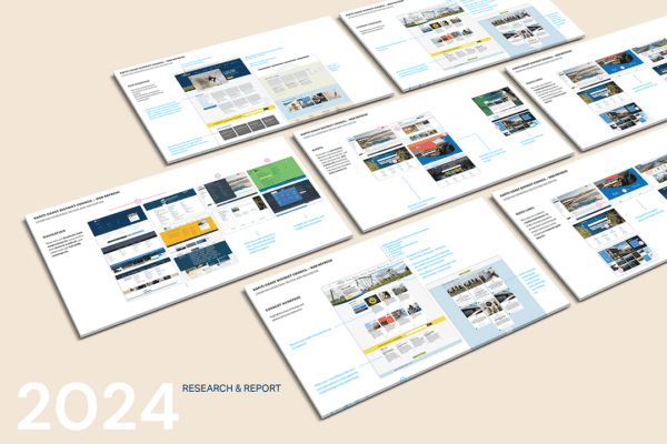 Image displaying several pages of a research and report document for 2024, featuring website layouts, data visualization, and informational content, all spread out on a beige surface.