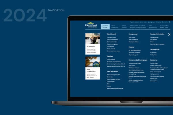 Laptop displaying the Kapiti Coast District Council website homepage against a blue background with "2024" in large text on the side.